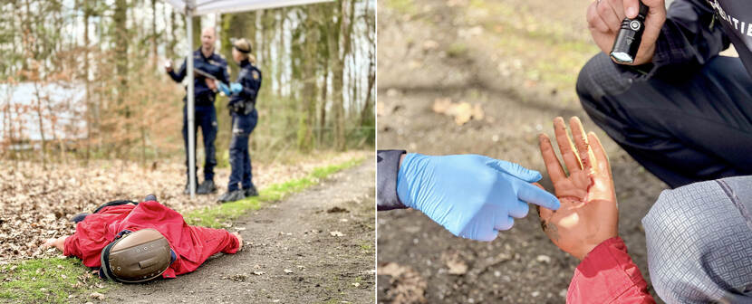 Onderzoekers bekijken fictief lichaam op plaats delict